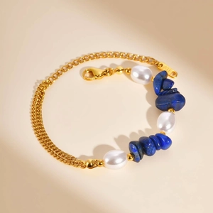 Bracelet Élégant en Acier Inoxydable pour Femme Avec Lapis-lazuli Bleu et Künstliche Perles d'Imitation Blanches Plaquée Or Chaîne à Double Couche Bijoux Bohème
