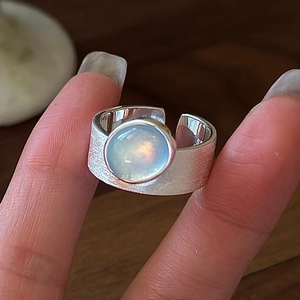 S925 Sterling Silver Vintage Aquamarine Open Ring For Women Brushed Matte Wide Band Adjustable Fashion Jewelry Finger Ring
