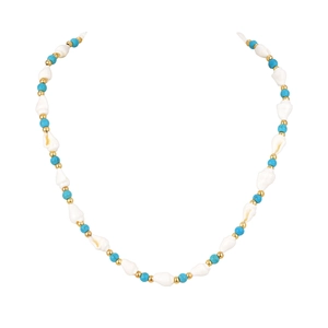Adjustable ocean style beaded necklace with white shells and blue lapis-like resin beads