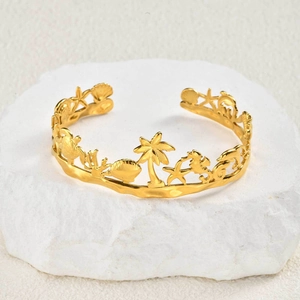 Bracelet Jonc en Acier Inoxydable Plaqué Or Thème Océan pour Femme Bijoux de Plage Ajustables Avec Cocotier et Coquillage