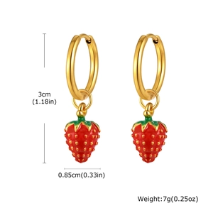 Golden stainless steel hoop earrings with cute red strawberry charms and dimensions