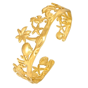 Bracelet jonc doré en acier inoxydable avec motifs océaniques de palmier et étoile de mer