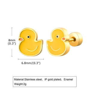 Boucles d'oreilles canard en émail jaune et acier inoxydable plaqué or 18 carats