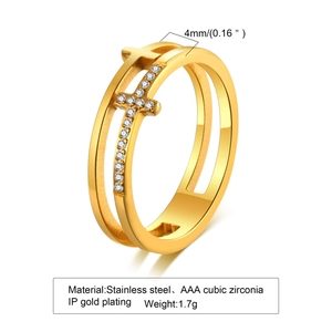 Bague double croix en acier inoxydable doré avec zircons AAA pour femmes élégantes