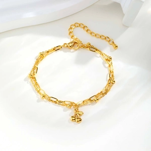 Bracelet Double Couche en Acier Inoxydable Avec Pendentif Cerise Pour Femmes Or Simple Doux Bijoux Chaîne Réglable Perlée