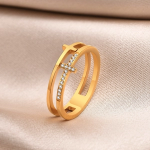 Bague Double Couche Croix en Acier Inoxydable Plaqué Or Avec Zirconia Pour Femme Bijoux Géométriques Cadeau Bague