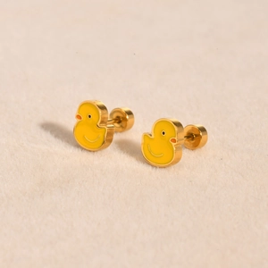 Boucles d'oreilles canard en acier inoxydable doré 18 carats avec fermeture à vis sûre