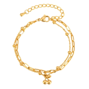 Bracelet double rang en acier inoxydable doré orné d'un délicat pendentif cerise