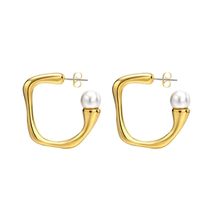 Vintage irregular square gold earrings with white round pearls on a clean white background