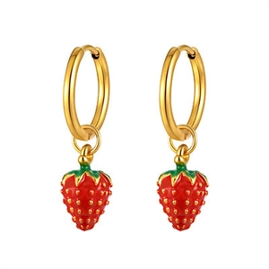 Cute strawberry pendant earrings in stainless steel with a gold-tone finish and leaf detail