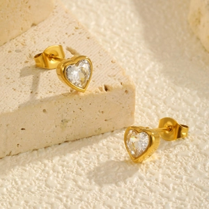 18K gold plated stainless steel heart stud earrings with sparkling white cubic zirconia