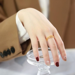 Bague double couche minimaliste en acier inoxydable doré avec zircons sur main