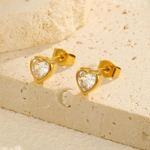 Stainless Steel Post Heart Stud Earrings 18K Gold Plated Brass Clear Rhinestone Inlaid Minimalist Jewelry For Women