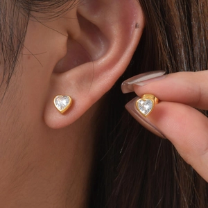 Minimalist 18K gold plated stainless steel heart stud earrings with white zircon stone