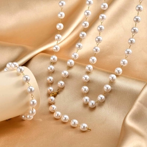 Elegant Stainless Steel Imitation Artificial Pearl Necklace Bracelet Jewelry Set For Women Gold Long Y Shaped Beaded Necklaces Daily Jewelry