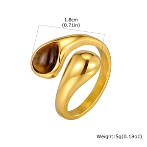 Polished stainless steel ring with tiger eye stone and teardrop design 1.8cm 5g