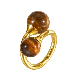 Anello aperto in acciaio inossidabile placcato oro 18K con pietre occhio di tigre