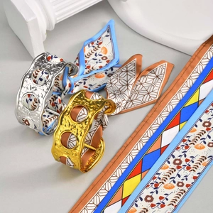 Exaggerated open stainless steel bracelet with colorful silk scarf in hammered finish