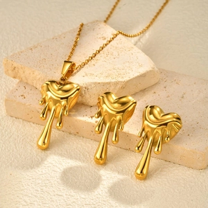 Boucles d'Oreilles Clous en Acier Inoxydable Cœur Fusion Liquide Or Plaqués Artistique Collier Pendentif Goutte de Lave Bijoux pour Femmes