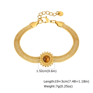 Bracelet doré à mailles avec pendentif soleil en œil de tigre et acier inoxydable
