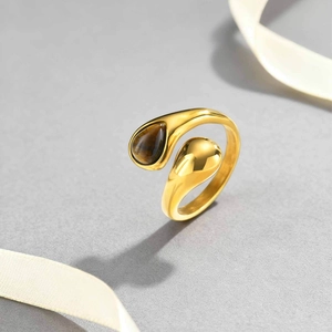 Vintage Stainless Steel Teardrop Tiger Eye Stone Open Ring For Women Polished Gold Plated Geometric Fashion Finger Jewelry