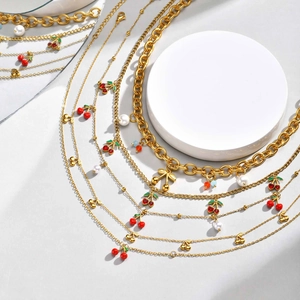Collier Pendentif Cerise En Acier Inoxydable Plaqué Or Émail Bijoux Fruits Künstliche Perle Zircone Pour Femmes Filles Doux