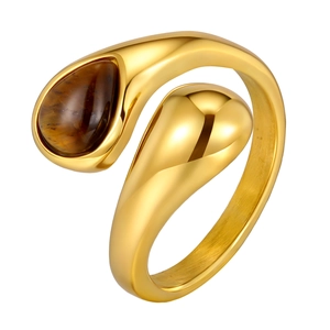 Adjustable gold stainless steel ring with teardrop tiger eye stone in a spiral design