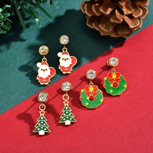 Christmas Stainless Steel Santa Claus Christmas Tree Wreath Earrings Zirconia Enamel Drip Oil Bracelet Holiday Jewelry Set