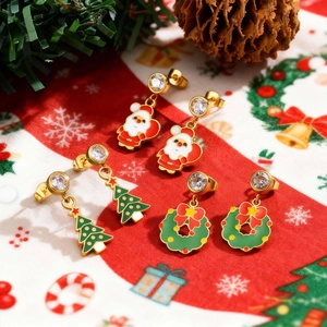 Golden Christmas earrings set featuring Santa Claus, tree, and wreath with white zircon