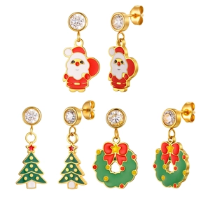 Christmas stud earring set with Santa Claus, Xmas tree and wreath in gold finish