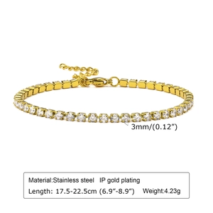 Macro detail of gold plated stainless steel tennis bracelet with 3mm cubic zirconia stones