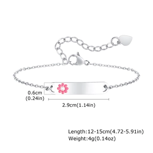 Detailed size chart of stainless steel kids bracelet with flower charm and heart pendant
