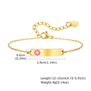 Gold stainless steel kids bracelet with a pink flower and customizable name plate