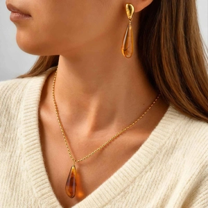 Vintage Stainless Steel Amber Resin Teardrop Pendant Necklace Gold Plated Waterdrop Dangle Earrings Jewelry For Women