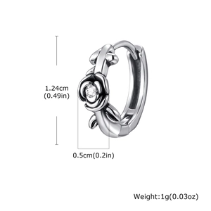 Detailed dimensions of stainless steel rose hoop earrings with white zircon center