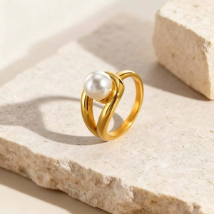 Elegant 18K Gold Plated Stainless Steel Ring For Women Featuring Twisted Double Band Design And Large Round White Artificial Pearl
