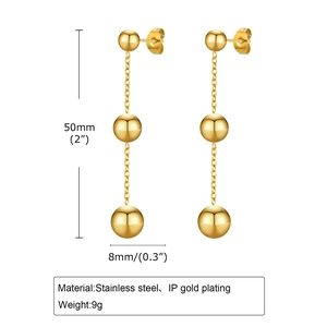 Gold stainless steel long drop earrings with triple ball chain and IP gold plating finish