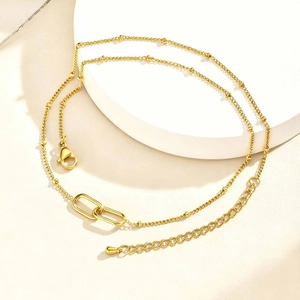 Minimalist Stainless Steel Necklace For Women Interlocking Double Oval Ring Pendant Satellite Beaded Chain Gold Tone Jewelry