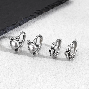 Polished Stainless Steel Fox Rose Rhinestone Hoop Earrings For Men Women Retro Gothic Animal Floral Small Ear Buckle Jewelry