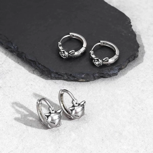 Mens stainless steel fox head and rose engraved hoop earrings set in silver finish