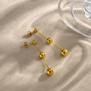 Women Stainless Steel Triple Bead Long Tassel Drop Earrings IP Vacuum Gold Plated High Polish Geometric Dangle Jewelry