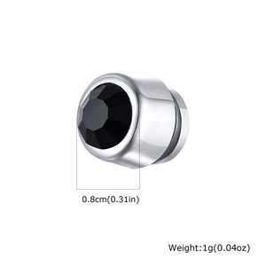 Detail view of 0.8cm black zircon magnetic earring with silver base size and weight specs