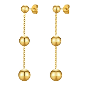 Polished golden stainless steel earrings with three graduated beads on delicate chains