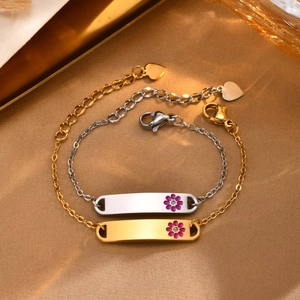 Stainless Steel Kids ID Bracelet With Enamel Flower Rhinestone Adjustable Thin Chain Heart Pendant Gold Silver Jewelry