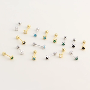 S925 silver four-pointed star stud earrings with colorful zircon and screw back