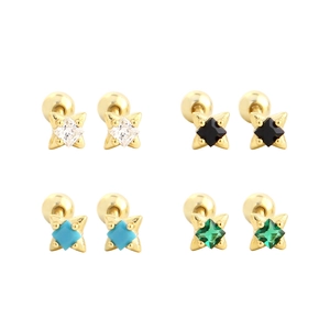 Set of four gold S925 silver star stud earrings with colorful zircon and screw backs