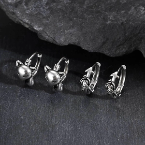 Gothic stainless steel hoop earrings set featuring fox head and rose cross designs