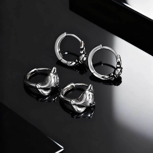 Mens stainless steel silver earrings set with fox design and rose engraved hoops