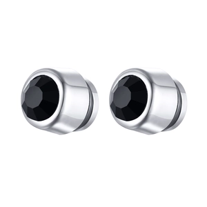 Mens vintage clip-on earrings with polished silver metal and faceted black cubic zirconia
