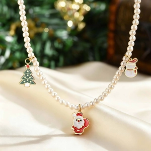 Collier de perles de Noël en acier inoxydable avec pendentifs Père Noël et sapin